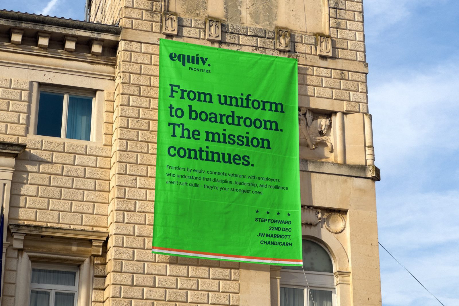 Green Frontiers event banner on a building