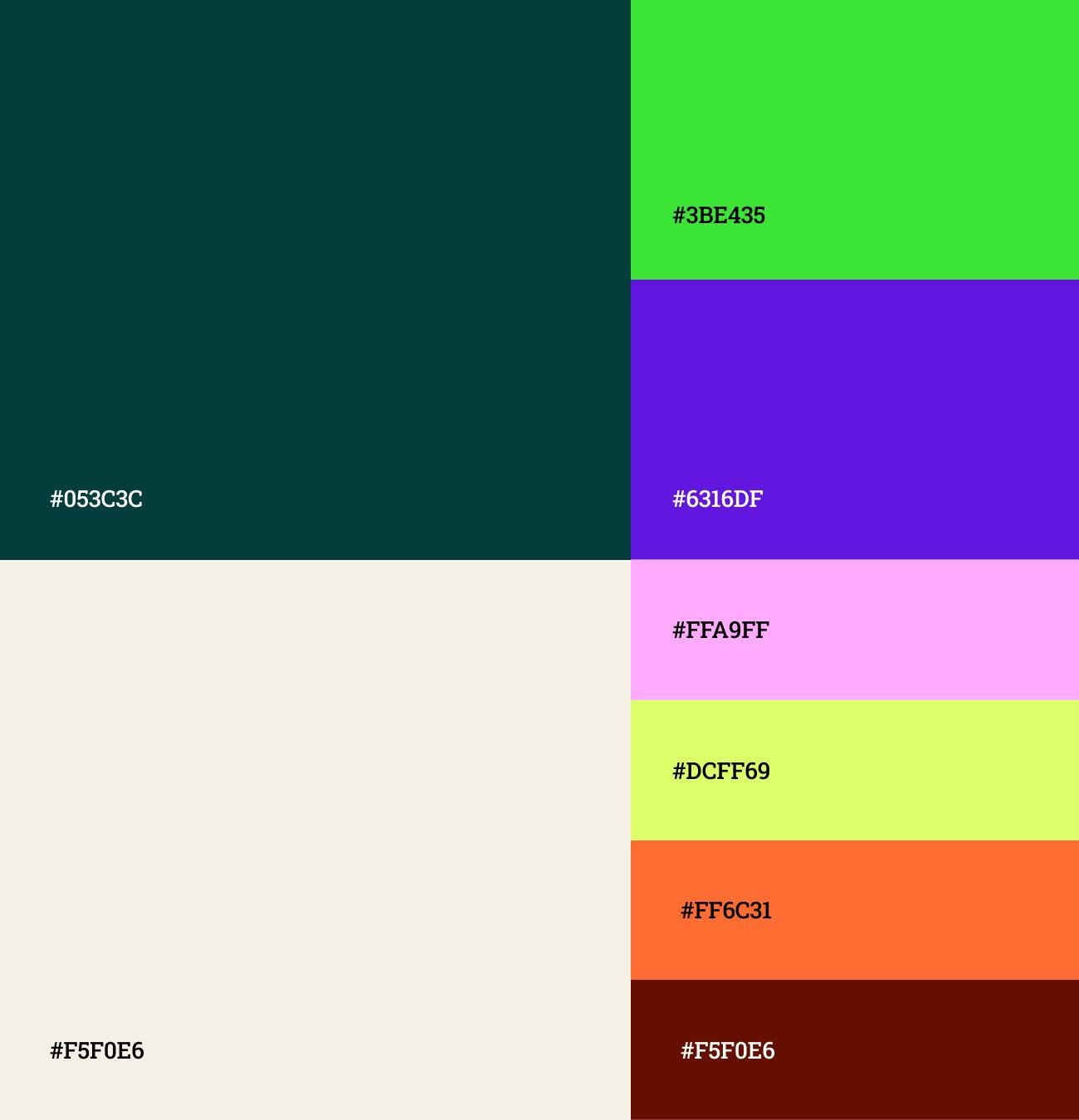 Colour palette: deep forest green anchor with four event colours